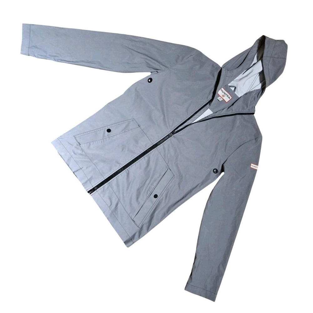 Hunter Gray Hooded Rain Coat Womans XS Logo Zipper Snap Accent